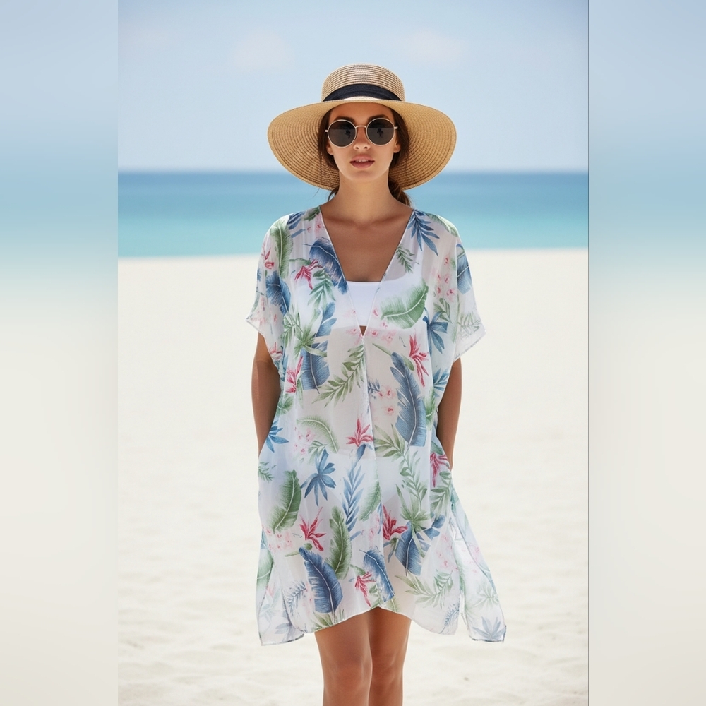 Tropical Leaf Print Swim Cover-Up